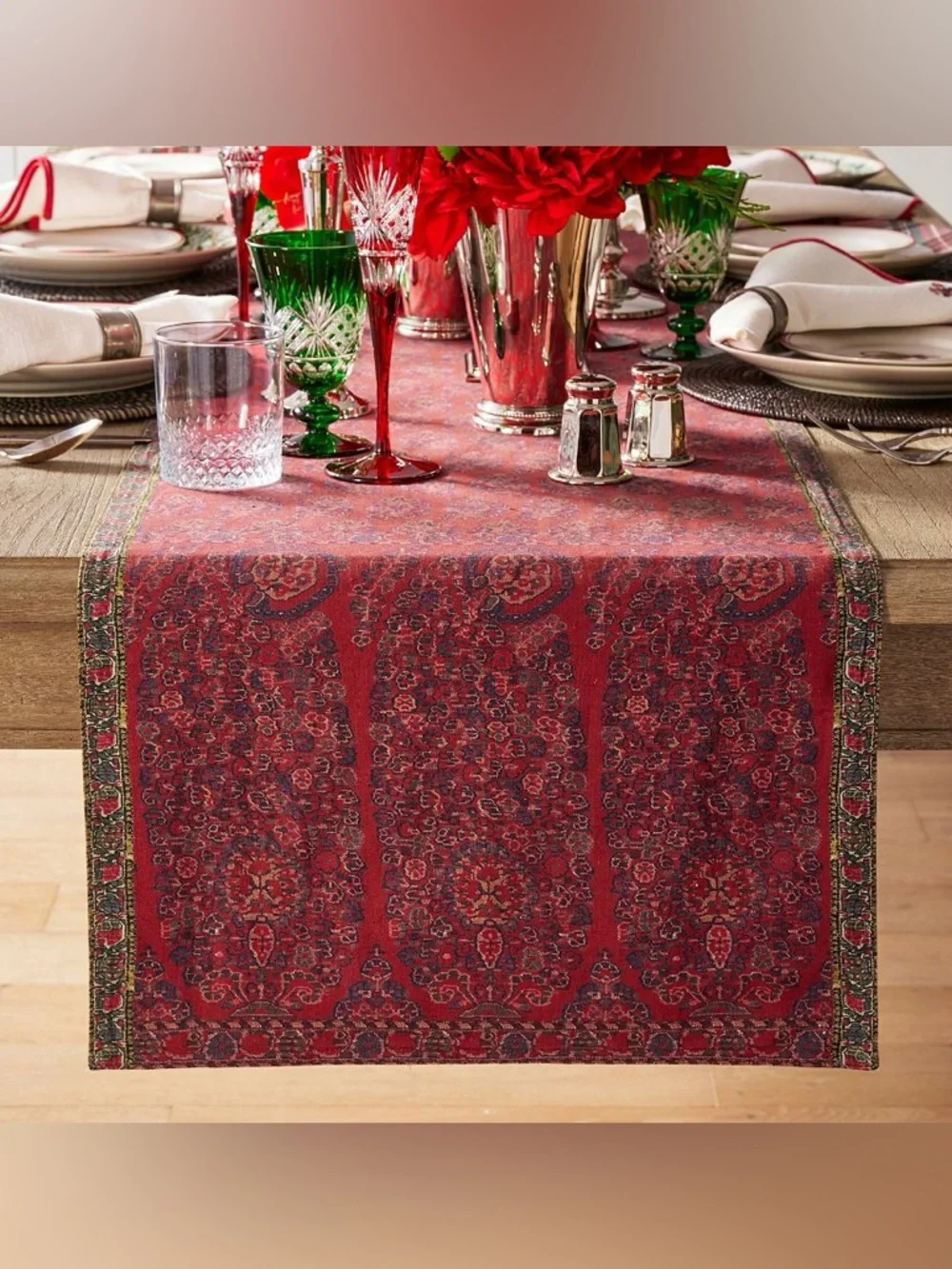 Pottery Barn Bhotah Print Cotton / Linen Blend Table Runner Dining Decor Red NWT
